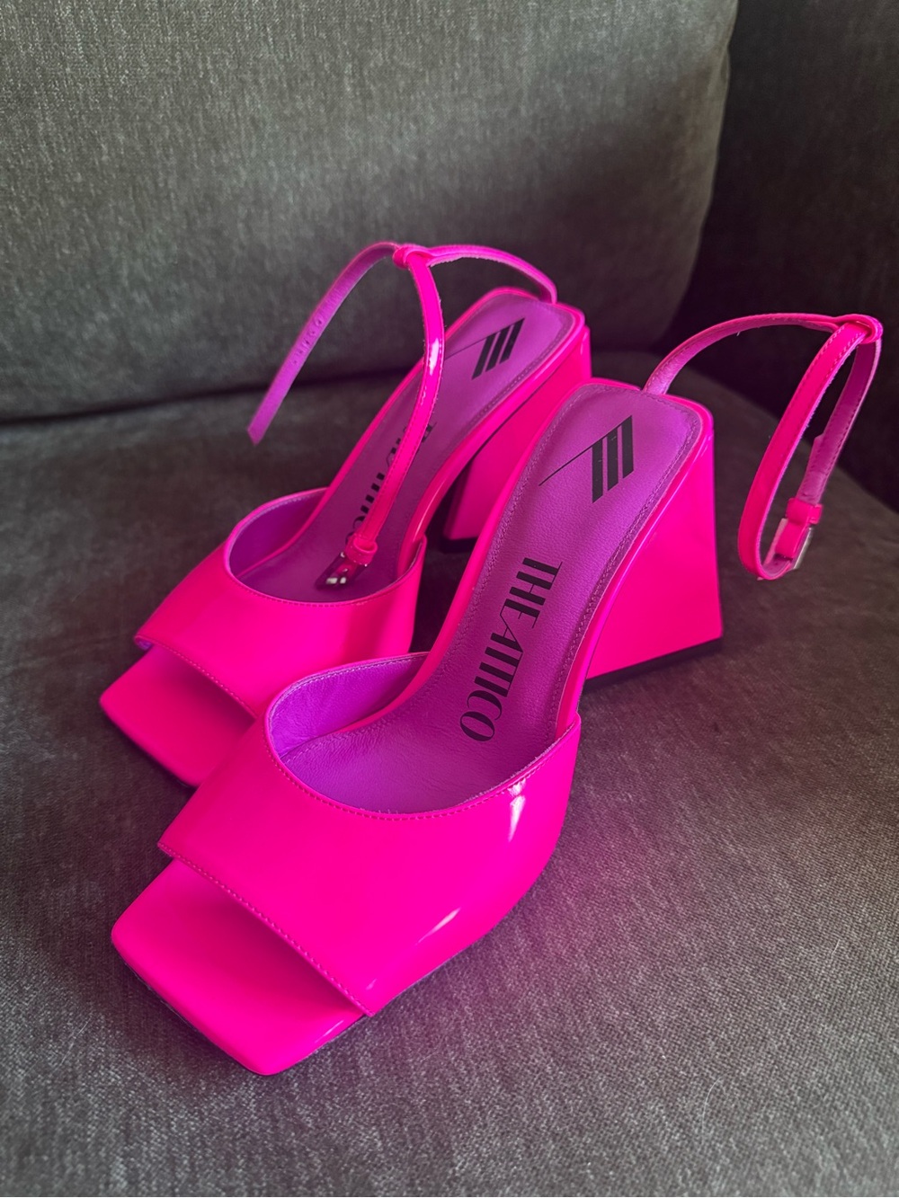 The Attico Neon Pink Patent Slingback Wedge Sandals